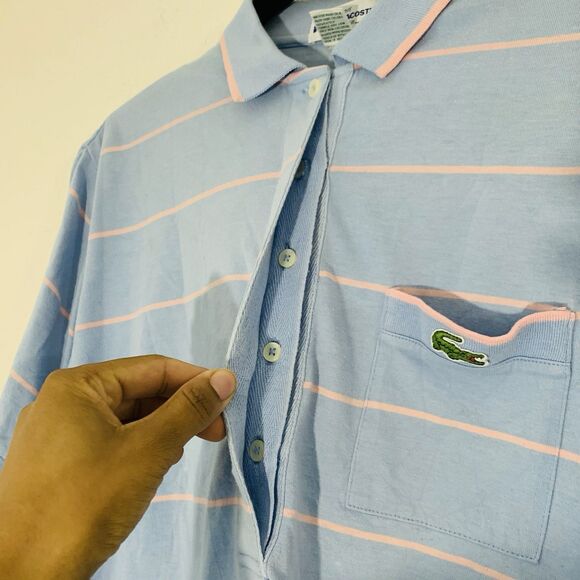 VTG Lacoste Polo Shirt Women XL Blue Pink Stripe Top Pastel Preppy Classic Logo - Picture 3 of 8